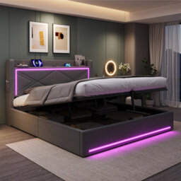 Btm 6Ft Super King Ottoman Bed, Hydraulic Storage, Led & Charging Station, Grey - thumbnail 4