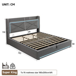 Btm 6Ft Super King Ottoman Bed, Hydraulic Storage, Led & Charging Station, Grey - thumbnail 9