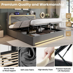 Btm 6Ft Super King Ottoman Bed, Hydraulic Storage, Led & Charging Station, Grey - thumbnail 6
