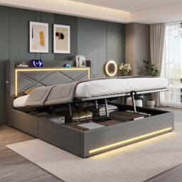 Btm 6Ft Super King Ottoman Bed, Hydraulic Storage, Led & Charging Station, Grey - thumbnail 3