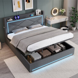 Btm 6Ft Super King Ottoman Bed, Hydraulic Storage, Led & Charging Station, Grey - thumbnail 5