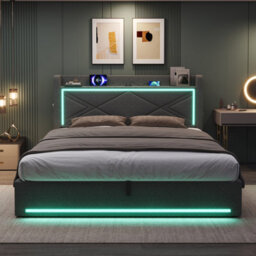 Btm 6Ft Super King Ottoman Bed, Hydraulic Storage, Led & Charging Station, Grey - thumbnail 2