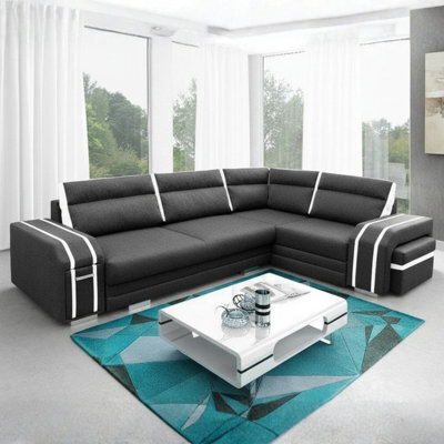Avatar Corner Sofa Bed With Pouffe Cocktail Cabinet Foam Cushions Sinuous Springs Wood Frame 300X200Cm Graphite And White Right - image 1
