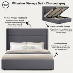 OAT Home Wilmslow Winged Headboard Upholstered Ottoman Storage King Size Bed Frame - Charcoal Grey - thumbnail 8