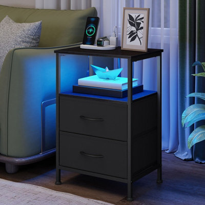 Songmics Bedroom Bedside Table With Led Lights And Charging Station, Nightstand With 2 Drawers And 1 Shelf, Black - image 1
