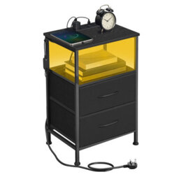 Songmics Bedroom Bedside Table With Led Lights And Charging Station, Nightstand With 2 Drawers And 1 Shelf, Black - thumbnail 3