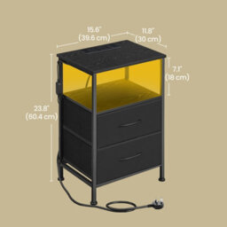 Songmics Bedroom Bedside Table With Led Lights And Charging Station, Nightstand With 2 Drawers And 1 Shelf, Black - thumbnail 4