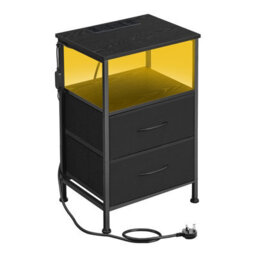 Songmics Bedroom Bedside Table With Led Lights And Charging Station, Nightstand With 2 Drawers And 1 Shelf, Black - thumbnail 2