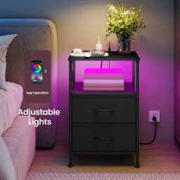 Songmics Bedroom Bedside Table With Led Lights And Charging Station, Nightstand With 2 Drawers And 1 Shelf, Black - thumbnail 5