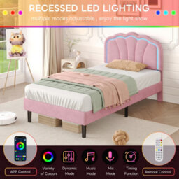 Btm 3Ft Single Upholstered Bed With Shell Shape Headboard Led Lighting Velvet Frame Solid Wood Slats Pink No Mattress - thumbnail 6