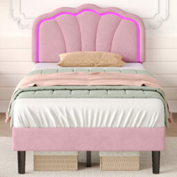 Btm 3Ft Single Upholstered Bed With Shell Shape Headboard Led Lighting Velvet Frame Solid Wood Slats Pink No Mattress - thumbnail 3