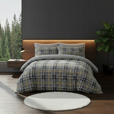 Ultra Soft Teddy Duvet Cover Tartan Check Reversible Fleece Bedding Grey - image 1