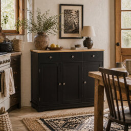 Wyld Haus Totoro Black Sideboard With Natural Rubberwood Top - 3 Doors, 3 Drawers, 3 Shelves
