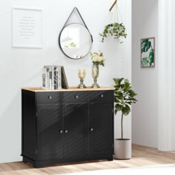 Wyld Haus Totoro Black Sideboard With Natural Rubberwood Top - 3 Doors, 3 Drawers, 3 Shelves - thumbnail 3