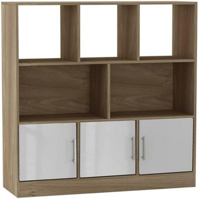 Urbn-Living Urbnliving Oak 8 Cube Freestanding Bookcase With Asymmetrical Shelves And 3 Black Gloss Doors - image 1