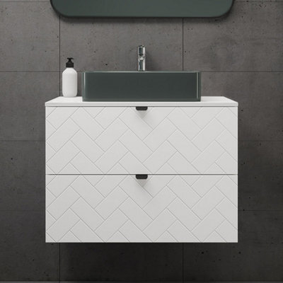 Heze Furniture Trend Herringbone Pattern Door 80Cm Bathroom Cabinet Vanity Unit With Worktop - White - image 1