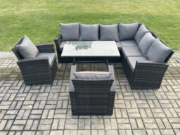 Fimous High Back Outdoor Garden Furniture Set Rattan Corner Sofa Dining Table Set With 2 Armchair 8 Seater - thumbnail 2