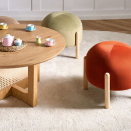 Wyld And Coco Orange Velvet Round Pouffe Ottoman With Rubberwood Legs - Modern Living Room Footstool, W40 X D40 X H38Cm - thumbnail 2