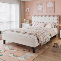 Merax 4Ft6 Double Upholstered Bed 135 X 190 Cm, Velvet Children's Bed With Biscuit Headboard, Soft Backrest, Beige + Pink - thumbnail 1