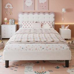 Merax 4Ft6 Double Upholstered Bed 135 X 190 Cm, Velvet Children's Bed With Biscuit Headboard, Soft Backrest, Beige + Pink - thumbnail 2