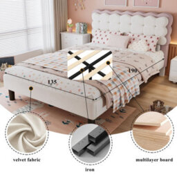 Merax 4Ft6 Double Upholstered Bed 135 X 190 Cm, Velvet Children's Bed With Biscuit Headboard, Soft Backrest, Beige + Pink - thumbnail 5