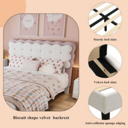 Merax 4Ft6 Double Upholstered Bed 135 X 190 Cm, Velvet Children's Bed With Biscuit Headboard, Soft Backrest, Beige + Pink - thumbnail 6