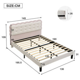 Merax 4Ft6 Double Upholstered Bed 135 X 190 Cm, Velvet Children's Bed With Biscuit Headboard, Soft Backrest, Beige + Pink - thumbnail 4
