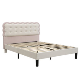 Merax 4Ft6 Double Upholstered Bed 135 X 190 Cm, Velvet Children's Bed With Biscuit Headboard, Soft Backrest, Beige + Pink - thumbnail 7