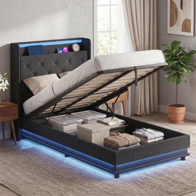Homcom Lift Up Storage Bed Frame With Rgb Led Lights, 90 X 190Cm, Black - image 1