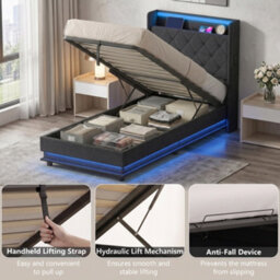 Homcom Lift Up Storage Bed Frame With Rgb Led Lights, 90 X 190Cm, Black - thumbnail 8