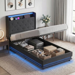Homcom Lift Up Storage Bed Frame With Rgb Led Lights, 90 X 190Cm, Black - thumbnail 2
