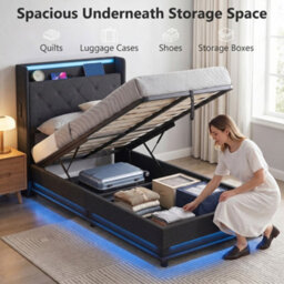 Homcom Lift Up Storage Bed Frame With Rgb Led Lights, 90 X 190Cm, Black - thumbnail 4