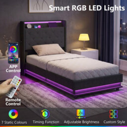 Homcom Lift Up Storage Bed Frame With Rgb Led Lights, 90 X 190Cm, Black - thumbnail 5