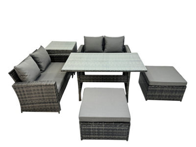 Fimous 6 Seater Wicker Pe Rattan Furniture Outdoor Dining Table Double Seat Sofa Side Table 2 Big Stools Set Dark Grey Mixed - image 1
