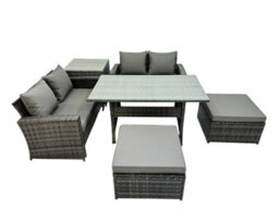 Fimous 6 Seater Wicker Pe Rattan Furniture Outdoor Dining Table Double Seat Sofa Side Table 2 Big Stools Set Dark Grey Mixed - thumbnail 1