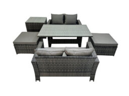 Fimous 6 Seater Wicker Pe Rattan Furniture Outdoor Dining Table Double Seat Sofa Side Table 2 Big Stools Set Dark Grey Mixed - thumbnail 2