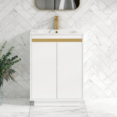 Royal Bathrooms Orion 600mm Matt White 2 Door Floor Standing Vanity Unit With Carrara White Basin & Brushed Brass Accent Trim - image 1