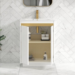 Royal Bathrooms Orion 600mm Matt White 2 Door Floor Standing Vanity Unit With Carrara White Basin & Brushed Brass Accent Trim - thumbnail 4