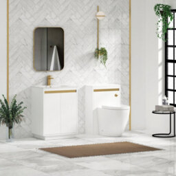 Royal Bathrooms Orion 600mm Matt White 2 Door Floor Standing Vanity Unit With Carrara White Basin & Brushed Brass Accent Trim - thumbnail 3