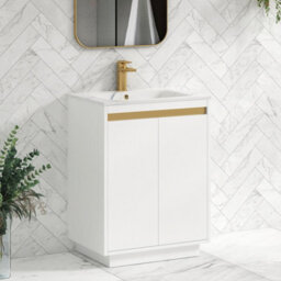 Royal Bathrooms Orion 600mm Matt White 2 Door Floor Standing Vanity Unit With Carrara White Basin & Brushed Brass Accent Trim - thumbnail 6