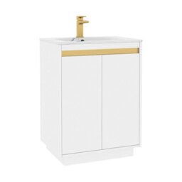 Royal Bathrooms Orion 600mm Matt White 2 Door Floor Standing Vanity Unit With Carrara White Basin & Brushed Brass Accent Trim - thumbnail 7