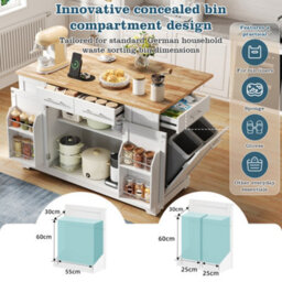 Abrihome 138Cm Large Kitchen Island With Folding Worktop, Power Outlet & Pull-Out Trash Bin, On Wheels - thumbnail 6