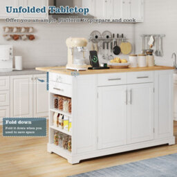Abrihome 138Cm Large Kitchen Island With Folding Worktop, Power Outlet & Pull-Out Trash Bin, On Wheels - thumbnail 3