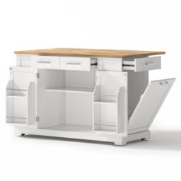 Abrihome 138Cm Large Kitchen Island With Folding Worktop, Power Outlet & Pull-Out Trash Bin, On Wheels - thumbnail 9