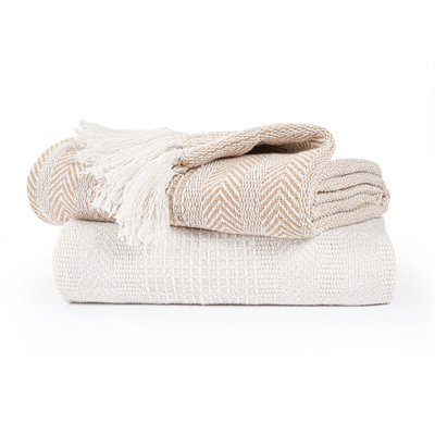 Ehc Premium Pack Of 2 Cross-Stitch Throws For Sofa / Chair Blanket, 125 X 150Cm - Beige / Ivory - image 1