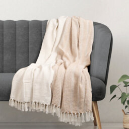 Ehc Premium Pack Of 2 Cross-Stitch Throws For Sofa / Chair Blanket, 125 X 150Cm - Beige / Ivory - thumbnail 2