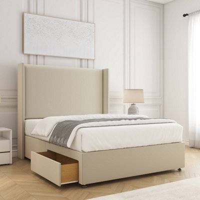 Bsspoke Austin Divan Bed Set Cream Plush Velvet With 54Inch Wingedback Headboard 2 Drawers Footend & No Mattress In All Sizes - image 1
