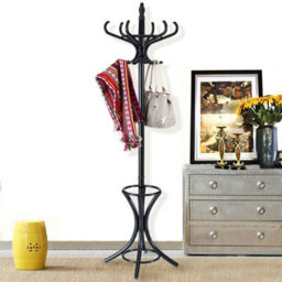 Costway Floor Standing Coat Jacket Stand Solid Wood Hanger With Umbrella Rack-Black - thumbnail 3