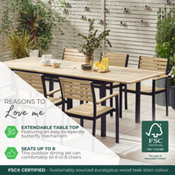 Furniturebox Malva Wooden Garden Dining Table & Chairs, Teak Extending 6 - 8 Seat Garden Dining Set, Patio Outdoor Table & Chairs - thumbnail 7