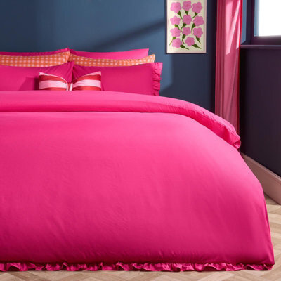 Ohs Frill Edge Decor Duvet Cover With Pillowcase Bedding Set, Hot Pink - Single - image 1